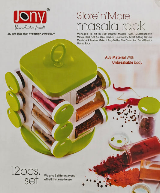 Premium 360° Rotating Masala Rack – 12 Jar Spice Organizer Set (Unbreakable ABS Body)