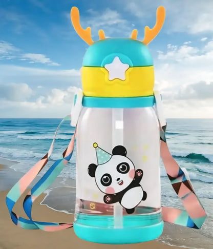 Cute Panda Kids Water Bottle – Leakproof Straw Sipper with Easy Button Lid | BPA-Free, Wide Mouth School Bottle