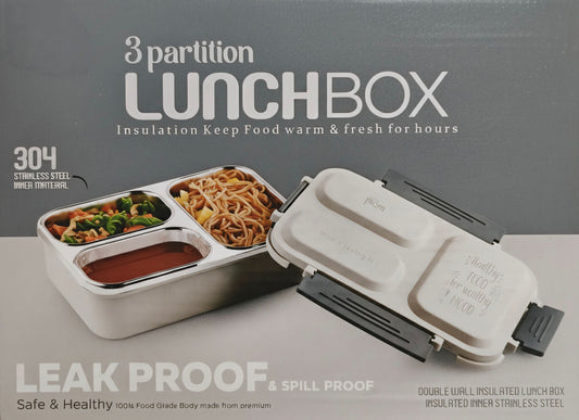 Super Mom 3-Partition Stainless Steel Leak-Proof Lunch Box (304 Grade, Double Wall Insulated, 1200ml)