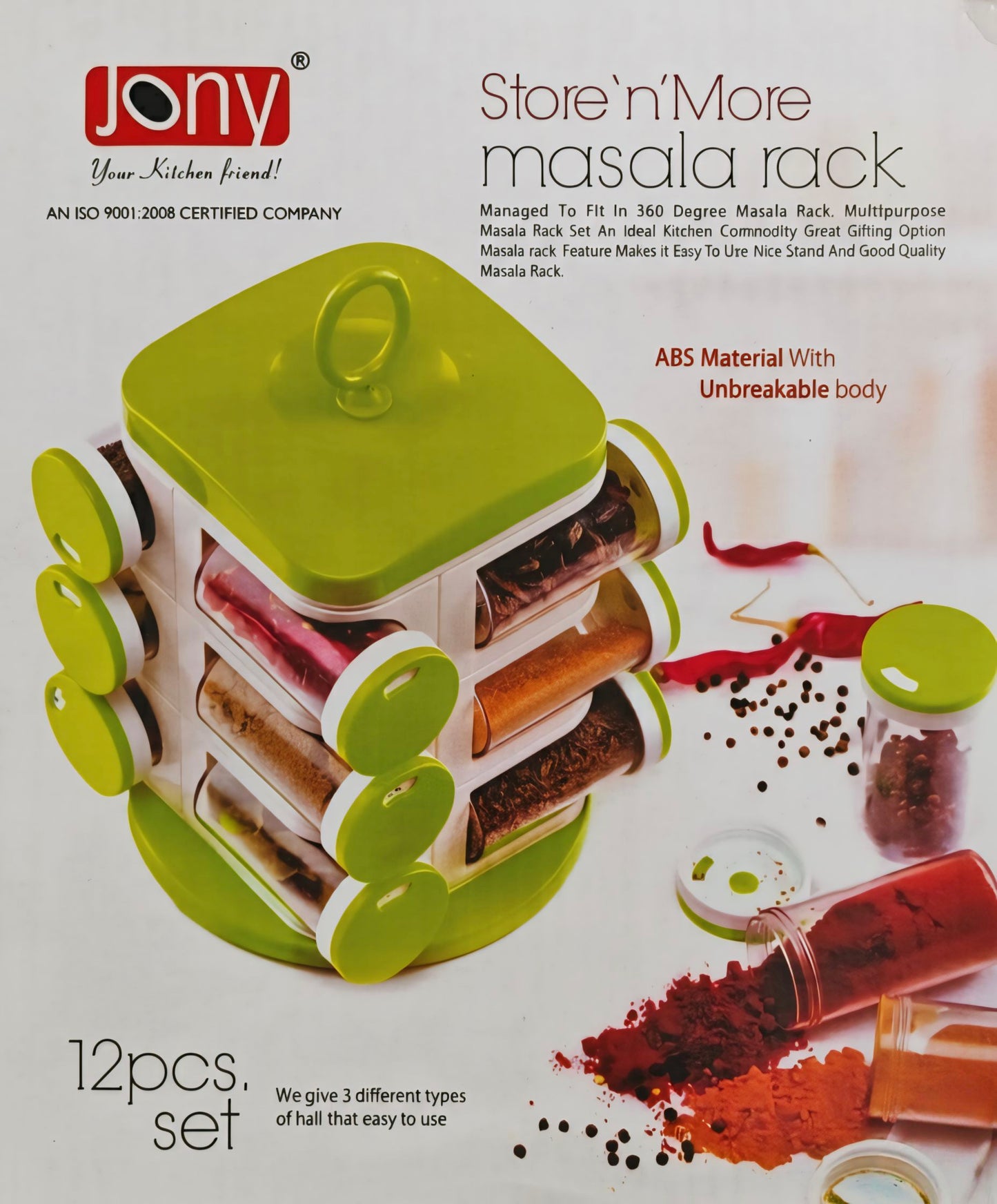 Premium 360° Rotating Masala Rack – 12 Jar Spice Organizer Set (Unbreakable ABS Body)
