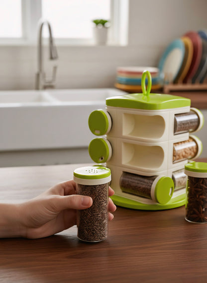 Premium 360° Rotating Masala Rack – 12 Jar Spice Organizer Set (Unbreakable ABS Body)