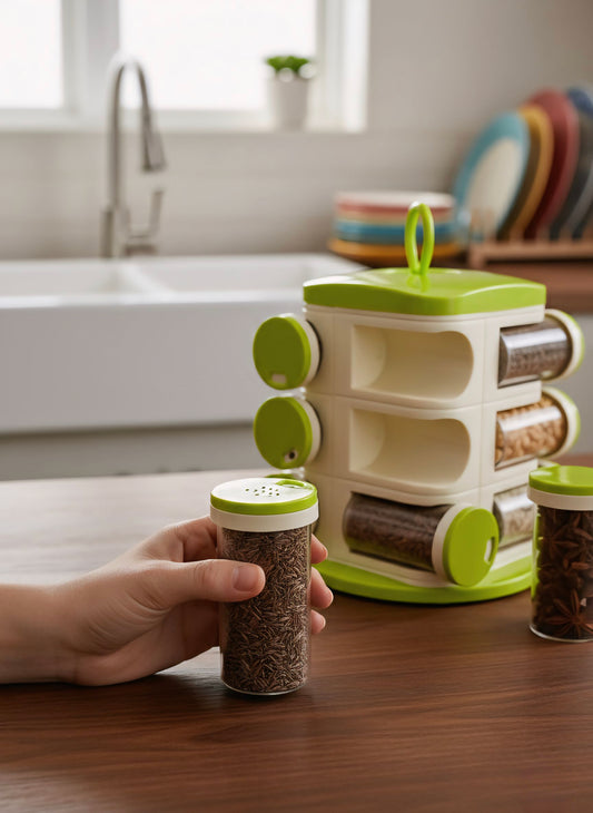 Premium 360° Rotating Masala Rack – 12 Jar Spice Organizer Set (Unbreakable ABS Body)