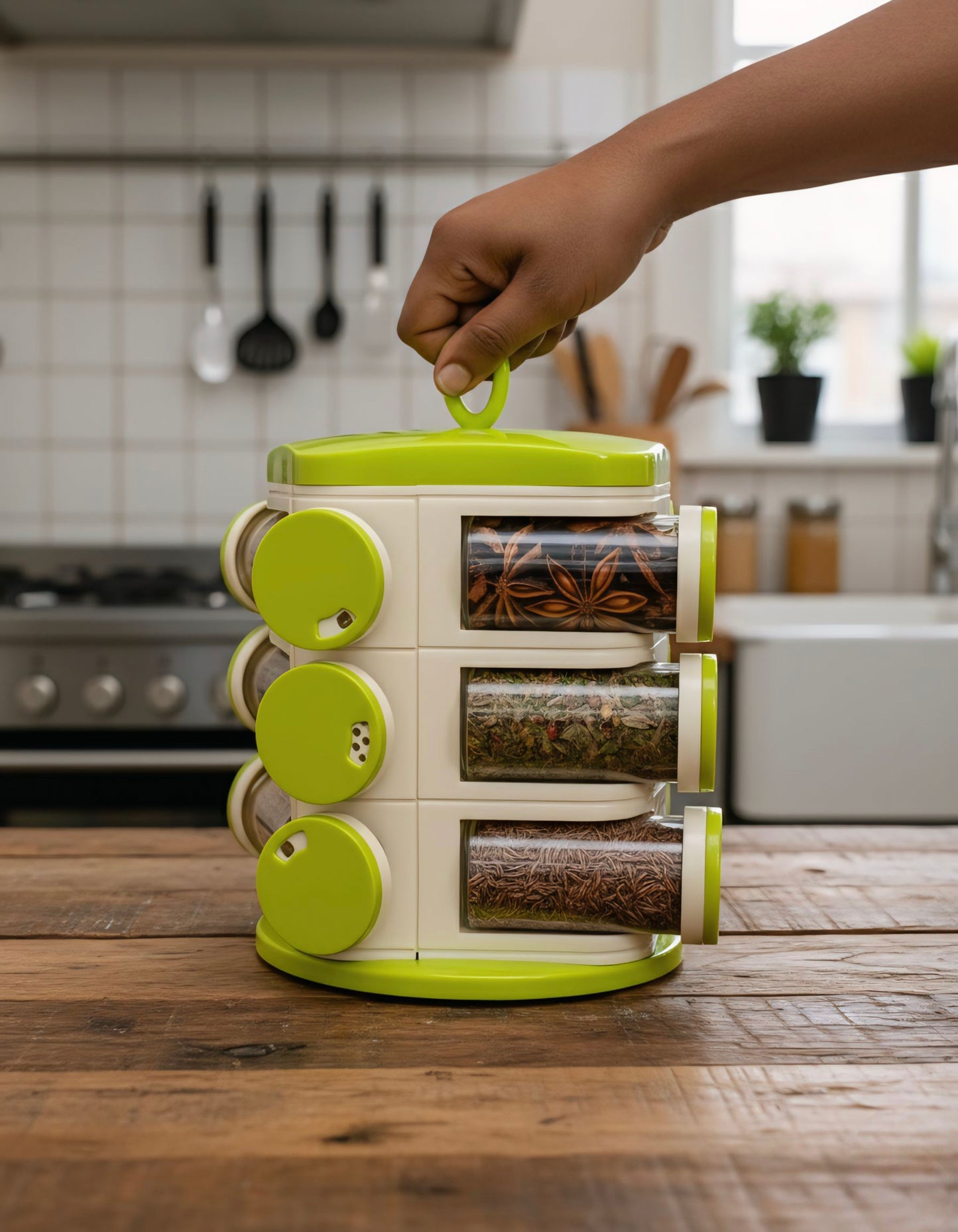 Premium 360° Rotating Masala Rack – 12 Jar Spice Organizer Set (Unbreakable ABS Body)