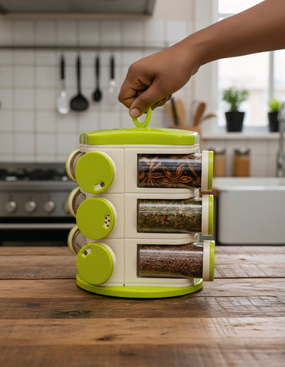 Premium 360° Rotating Masala Rack – 12 Jar Spice Organizer Set (Unbreakable ABS Body)