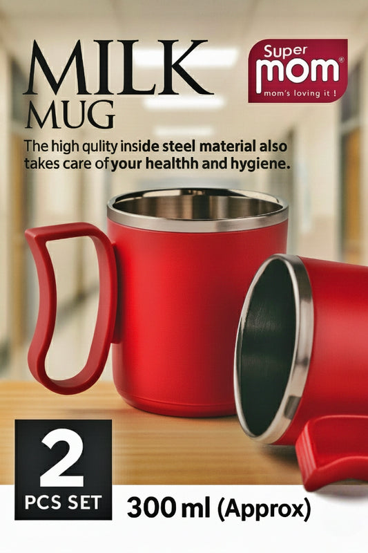 Super Mom Milk Mug Set – 2 Pcs Stainless Steel Inner Mugs (300ml) | Elegant Red Color, Durable & Hygienic Design